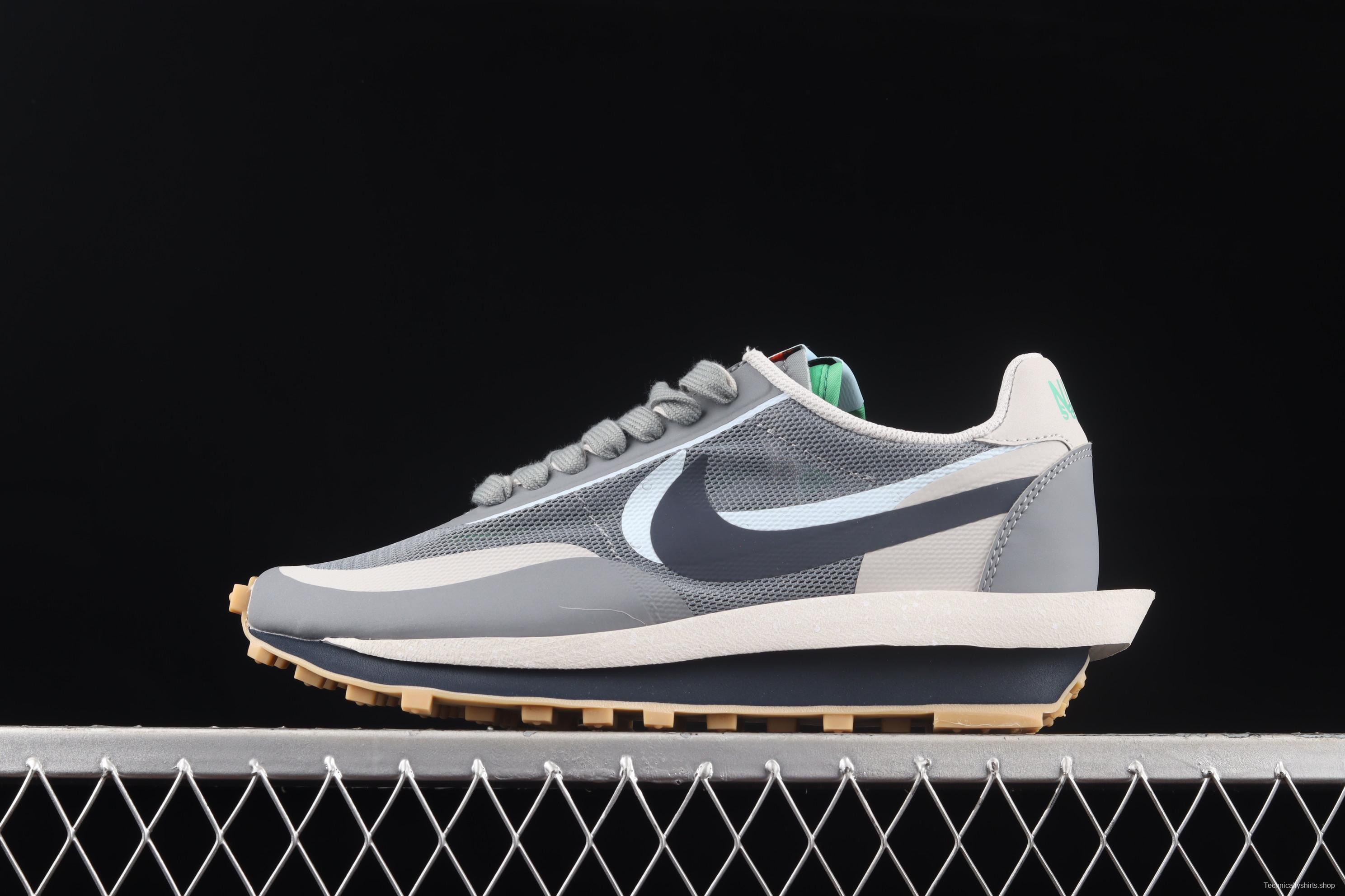 Clot x Sacai x NIKE LDWaffle Cool Grey gray and blue deconstruction tripartite joint name waffle double hook catwalk style casual shoes DH3114-001