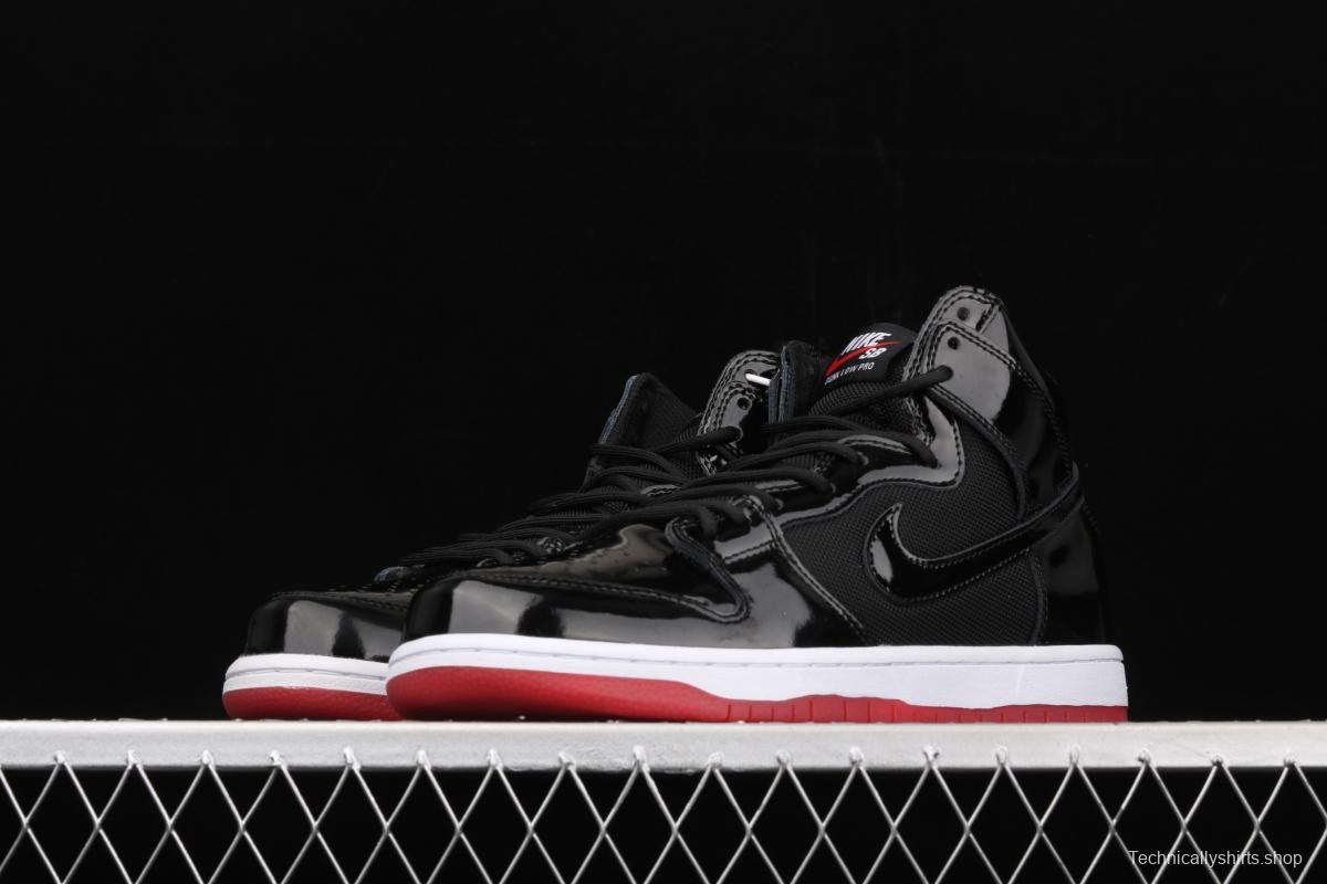 NIKE SB DUNK High Premium lacquered leather black and red high top casual skateboard shoes AJ7730-001