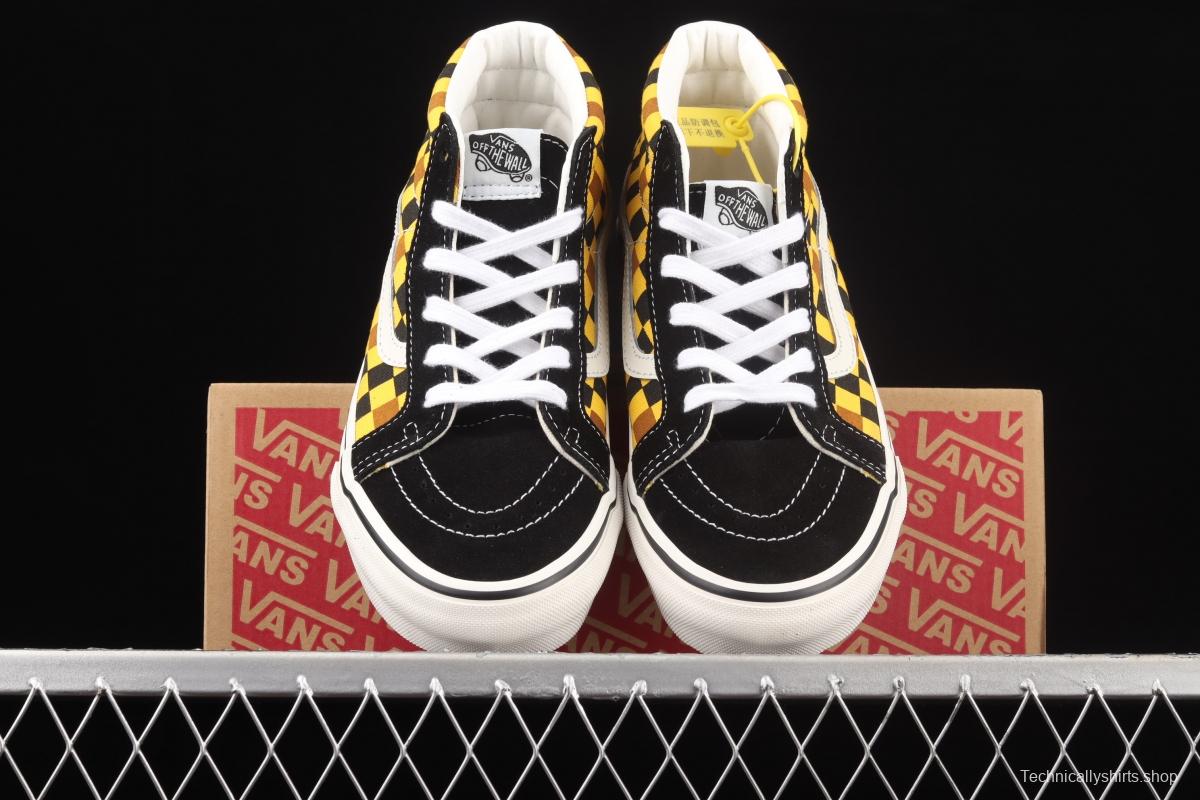 Vans Sk8-Mid Vance black, blue, orange and yellow plaid casual board shoes VN0A3WM3SW1