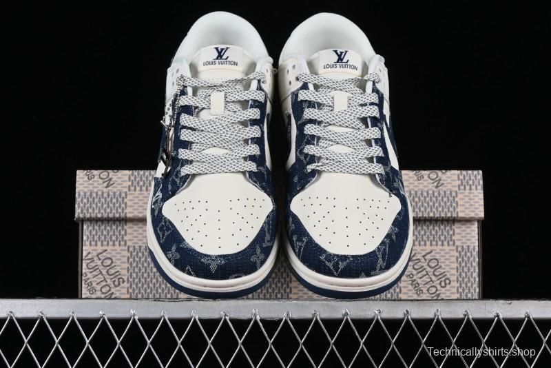 Nike SB Dunk Low LV Collaboration - Dark Blue Denim Anniversary High-End Custom Low-Top Casual Skate Shoes - XP3802-335