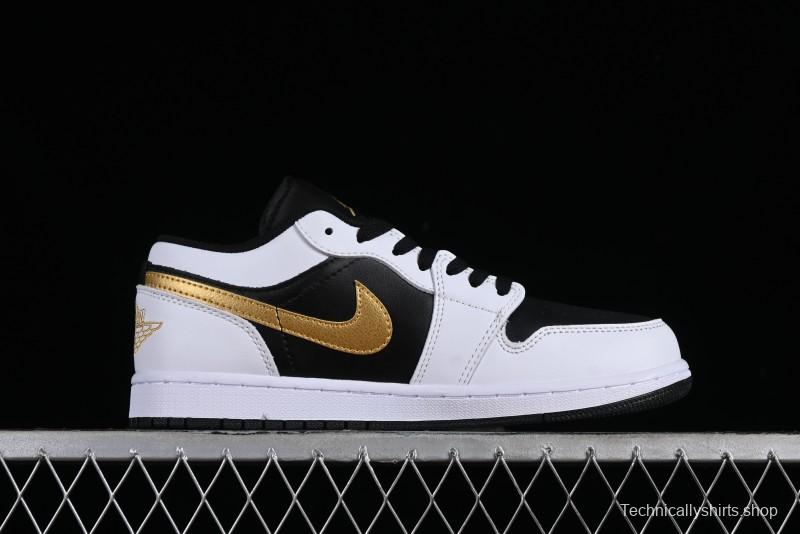 Nike Air Jordan 1 Low AJ1 Basketball Shoes with Black White Gold Swoosh - 553558-172