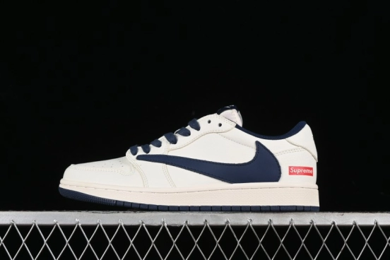 Nike Travis Scott x Fragment Design x Air Jordan 1 Low OG SP AJ1 Supreme Collaboration - White Navy Blue Low Top Casual Sneakers - XZ116