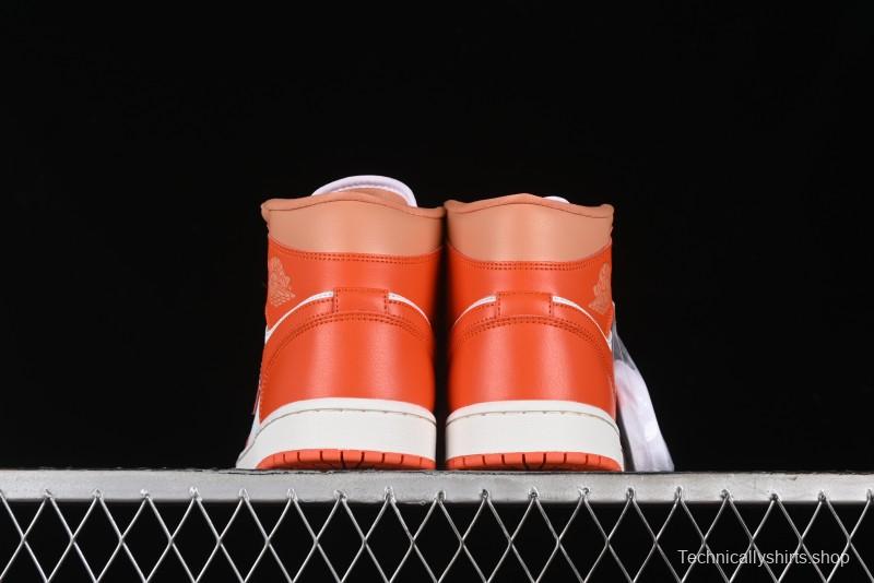 Nike Air Jordan 1 Mid Basketball Shoes in White and Orange Colorway - BQ6472-108