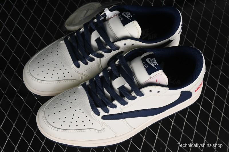 Nike Travis Scott x Fragment Design x Air Jordan 1 Low OG SP AJ1 Supreme Collaboration - White Navy Blue Low Top Casual Sneakers - XZ116