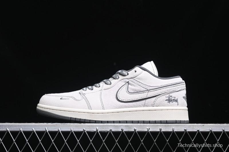Nike Air Jordan 1 Low AJ1 Stussy Collaboration - Premium Customized Pigskin Grey Line Retro Basketball Shoes - DM9188-005