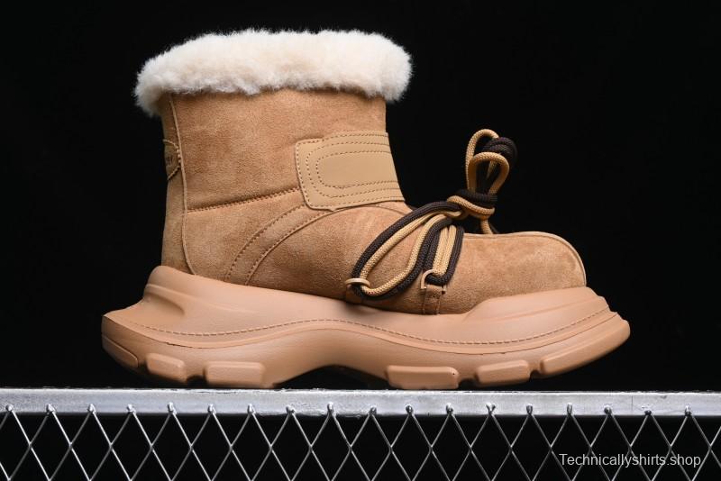 Ouder Retro Lace-Up Mid-Calf Warm & Thickened Platform Casual Snow Boots with Wool Lining - Oud024 Brown