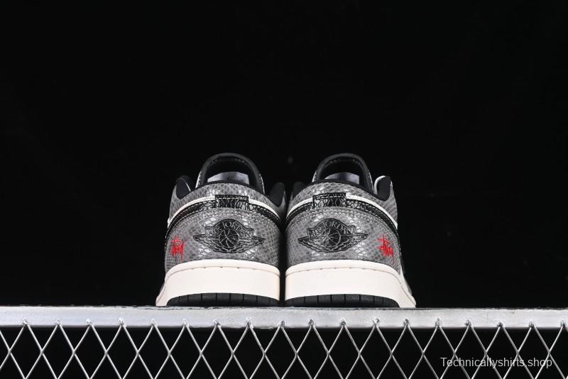 Nike Air Jordan 1 Low Retro Basketball Shoes with Custom Stussy Grey Snake Design - FC1688-202