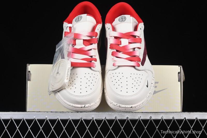 Nike Travis Scott x Fragment Design x Air Jordan 1 Low OG SP AJ1 Stone Island Collaboration Pomegranate Red Low-Top Casual Sneakers - CF3688-077