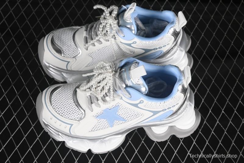 GG-CC Star Same Style Lace-Up Hollow Out Dad Shoes with 5cm Hidden Height Increase - G25X269 White Blue