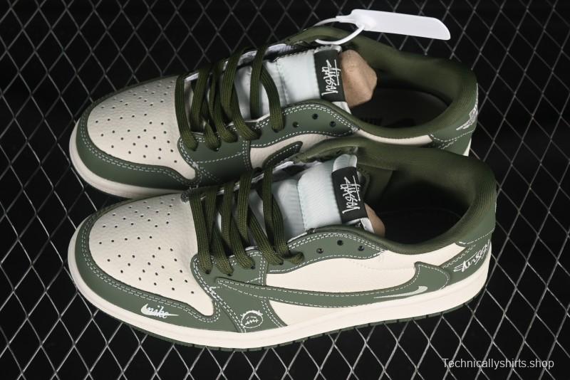 Nike Travis Scott x Fragment Design x Air Jordan 1 Low OG SP AJ1 Stussy Collaboration Oil Green Swoosh Low Top Casual Sneakers - XS2024-025
