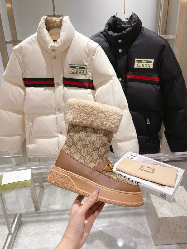 2024 Women Gucci beige brown leather shearling snow boots MJ00420
