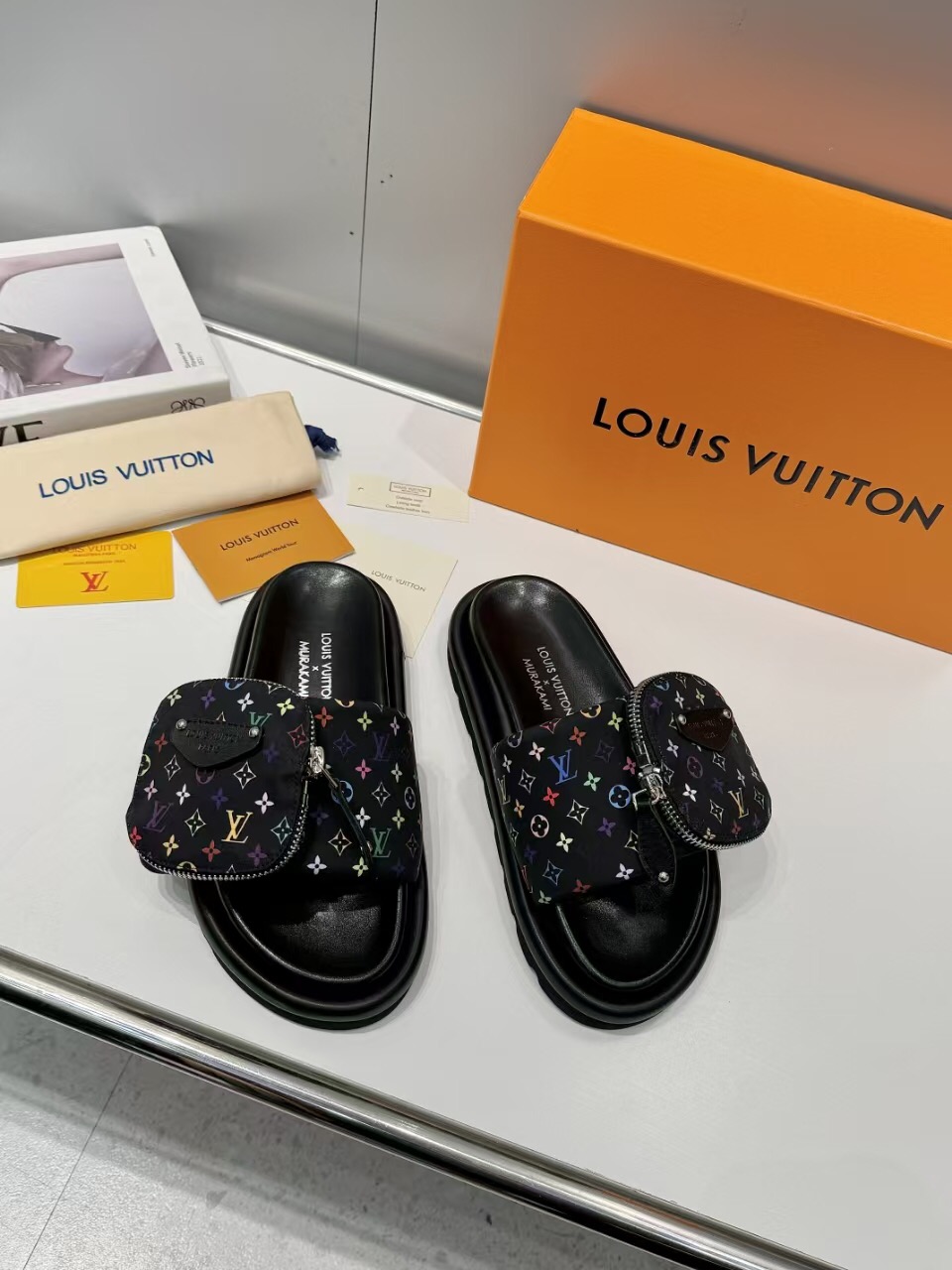 2025 Women Louis Vuitton Black Colorful Canvas Slippers Monogram KFY00230