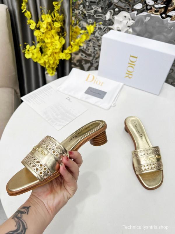 2025 Women Dior Gold Leather Slides