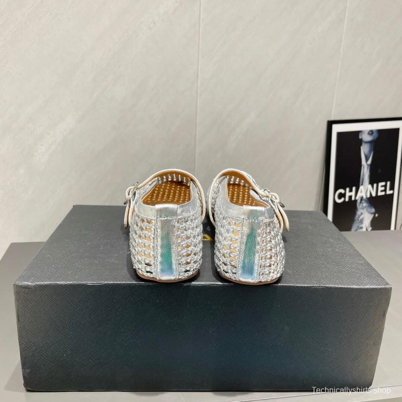 2025 Women Alaïa Silver Leather Woven Mary Jane Flats LY00360(F)