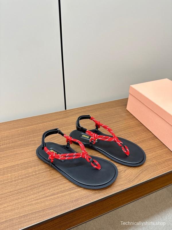 2025 Women Miu Miu Black Red Leather Sandals