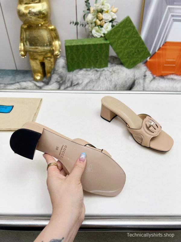 2025 Women Gucci Beige Leather Slippers MJ00190