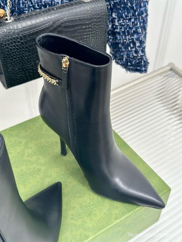2024 Women Gucci Black Calfskin Leather Ankle Boots Chain MJ00410