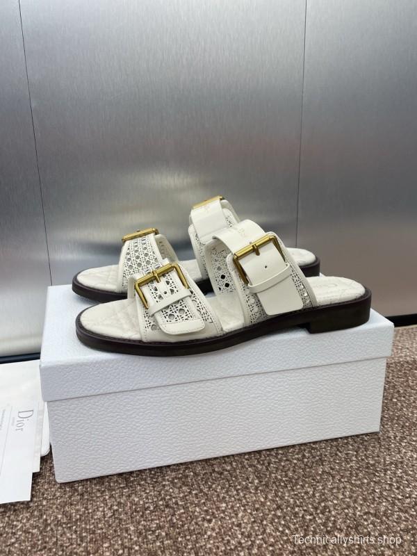 2025 Women Dior White Calfskin Leather Slippers CD Logo Buckle KFY00300