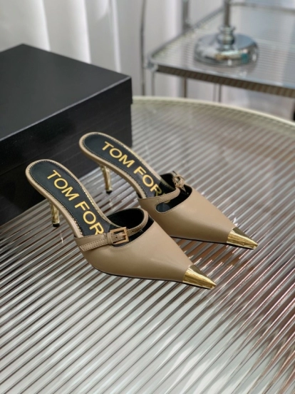 2025 Women TOM FORD Beige Gold Leather Pointed Toe Mules KFY00300