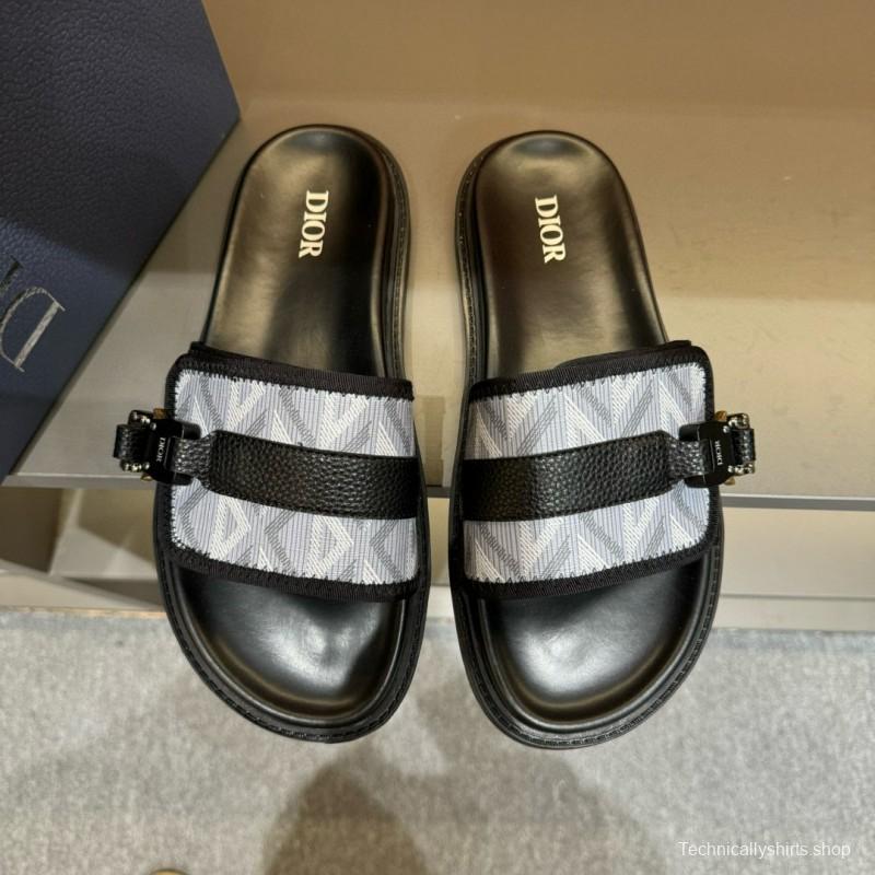2024 Men Dior Black White Oblique Embroidered Leather Sandals H-Town MJ00190