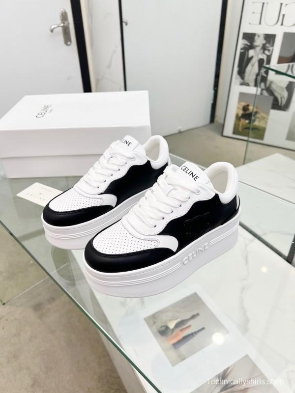 2025 Women Celine Black White Leather Platform Sneakers Block Triomphe LY00270