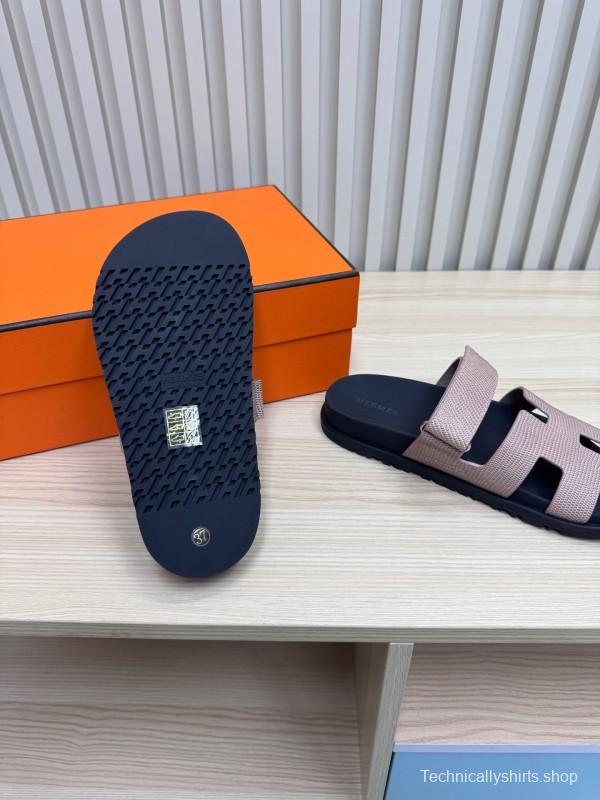 2025 Women Hermès Beige Black Leather Slippers
