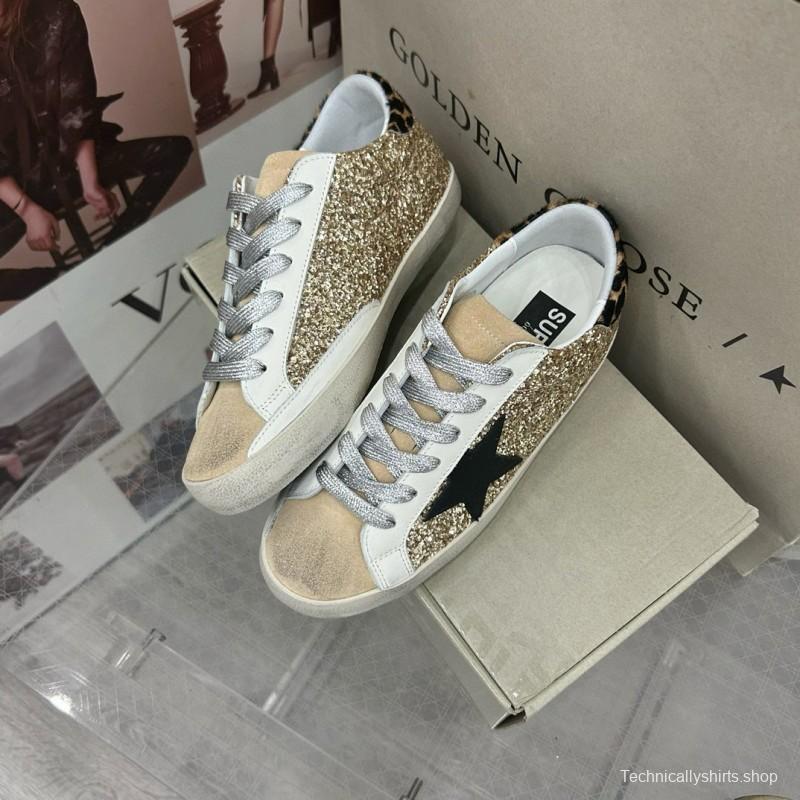 2025 Women GGDB Gold Glitter Black Leather Star Leopard Print Suede Sneakers