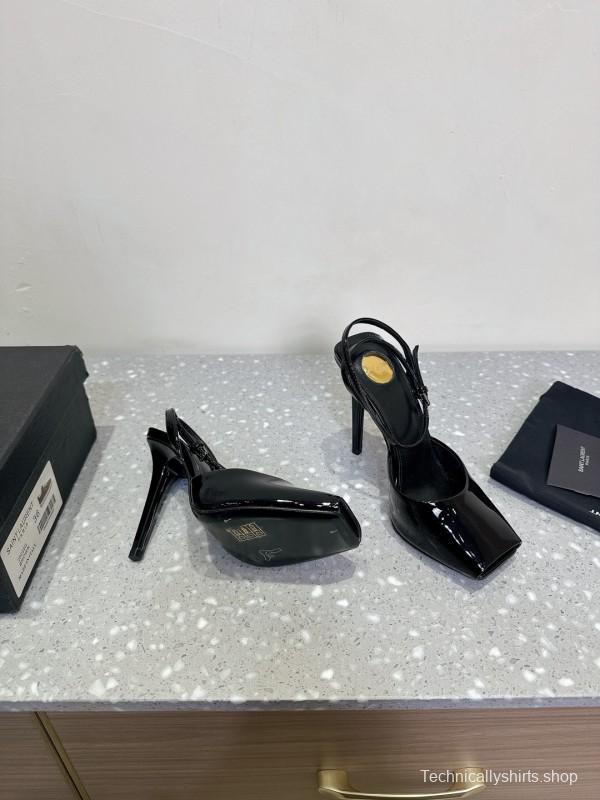 2025 Women Yves Saint Laurent Black Patent Leather Slingback High Heels KFY00290
