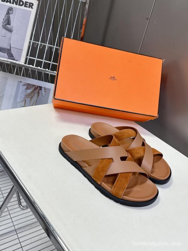2025 Slippers Hermès Brown Suede Leather Slippers