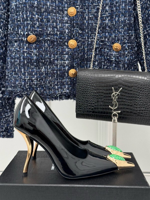 2024 Women Yves Saint Laurent Black Gold Patent Leather High Heels MJ00330