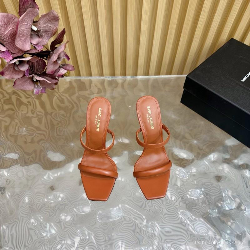 2025 Women Yves Saint Laurent Brown Leather High Heel Sandals Metal Logo MJ00310