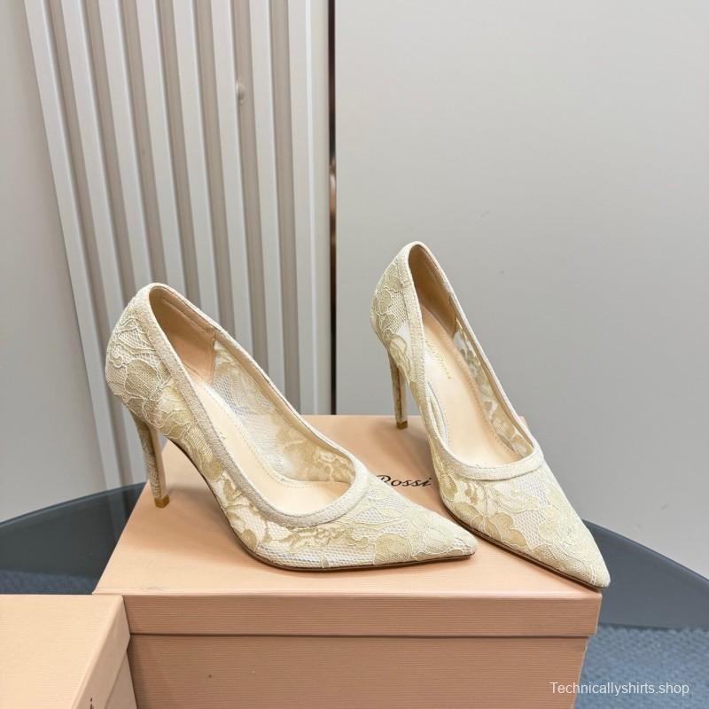 2025 Women Gianvito Rossi Beige Lace Leather High Heels KFY00280