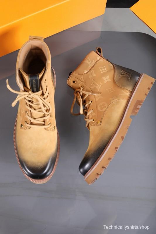 2024 Men Louis Vuitton Beige Black Leather Canvas Boots MJ00470