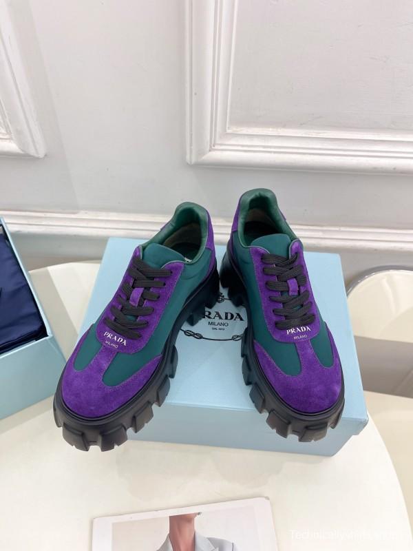 2025 Unisex Prada Purple Green Suede Silk Sneakers KFY00310(F)/KFY00330(M)