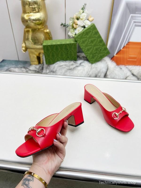 2025 Women Gucci Red Leather Heeled Mules Metal Ornament