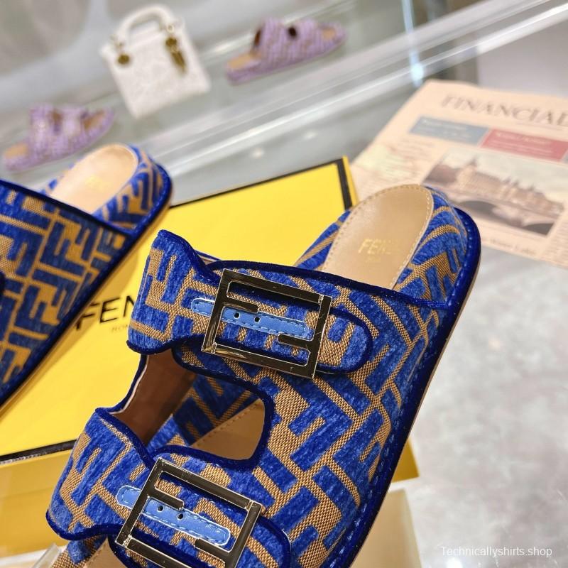 2025 Slippers Fendi Blue Brown Jacquard Buckle KFY00250