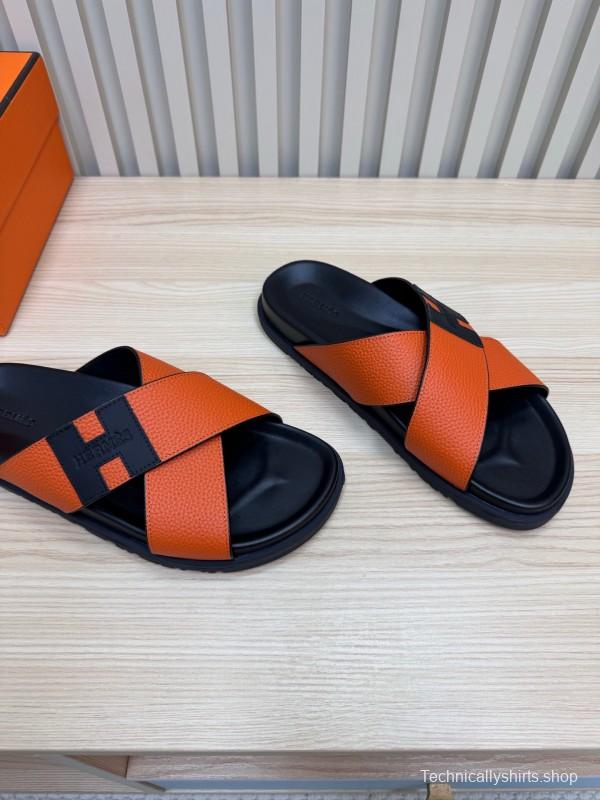 2025 Slippers Hermès Orange Black Leather Slippers