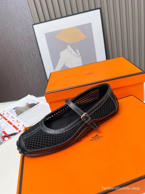 2025 Women Hermès Black Leather Mesh Mary Jane LY00230