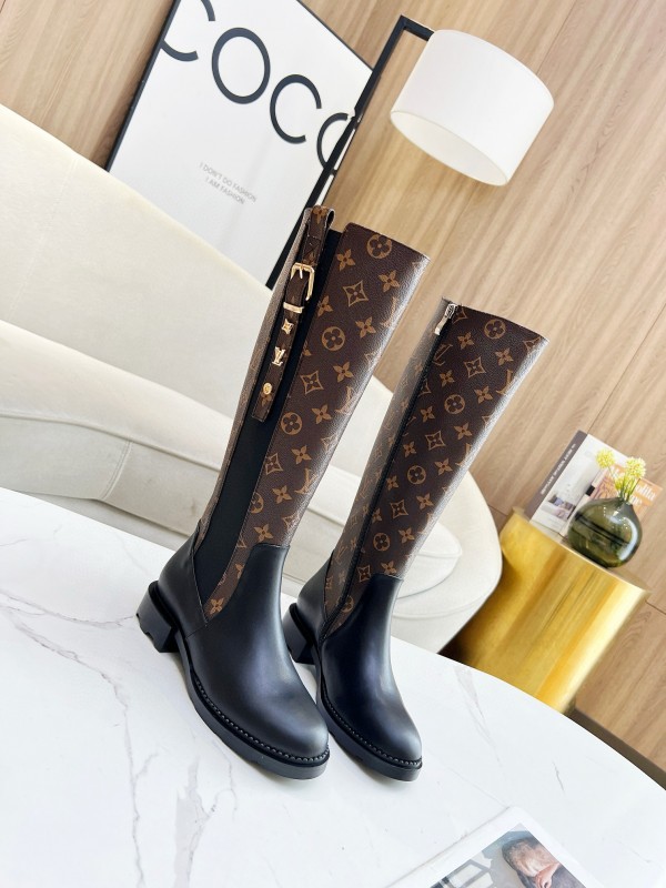 2024 Women Louis Vuitton Brown Black Leather Canvas Boots MJ00430