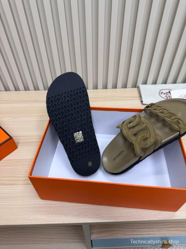 2025 Women Hermès Khaki Suede Slippers