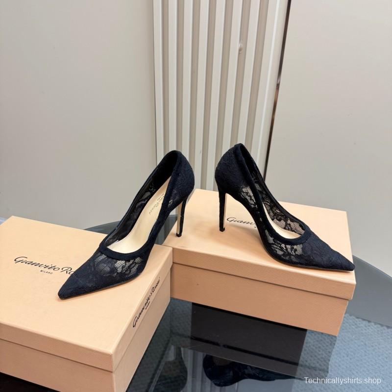 2025 Women Gianvito Rossi Black Lace Leather High Heel KFY00280
