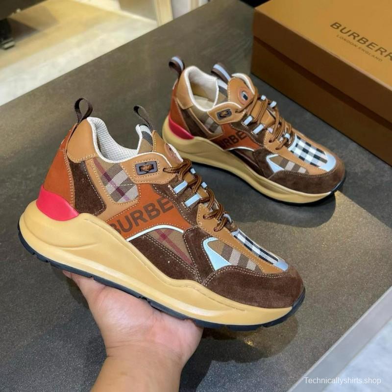 2025 Unisex Burberry Brown Beige Suede Leather Mesh Sneakers Checked Pattern MX00380