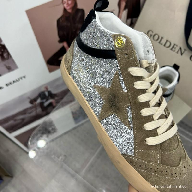 2024 Unisex Golden Goose Deluxe Brand Grey Silver Glitter Suede Leather High-Top Sneakers MJ00300