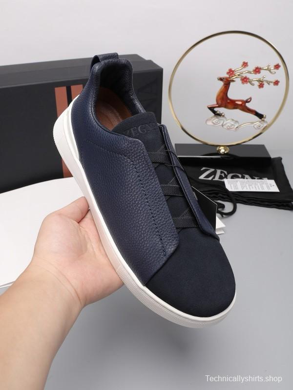 2024 Men Ermenegildo Zegna Navy Blue Leather Suede Low Top Sneakers MJ00240
