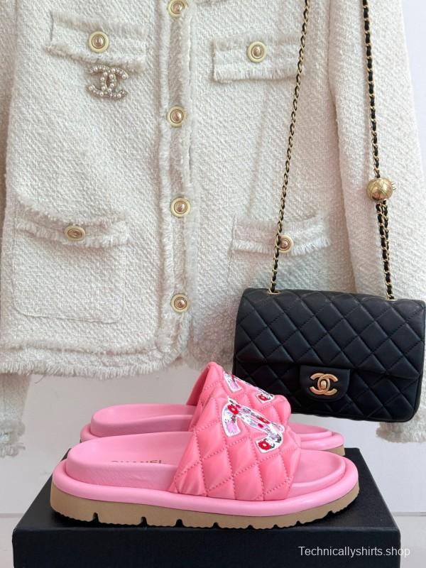 2025 CHANEL Pink Quilted Leather Slippers KFY00260