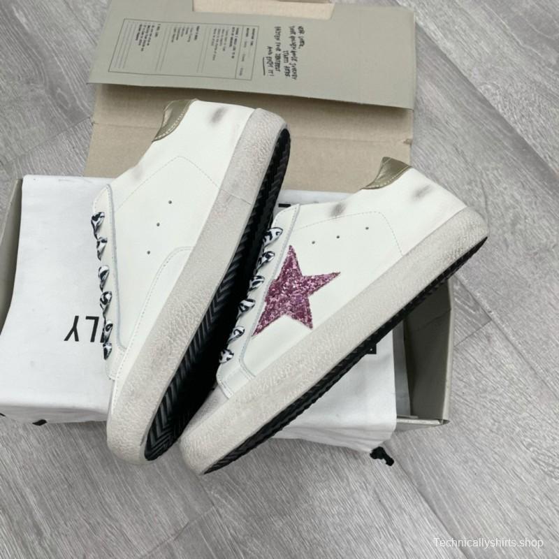 2025 Women GGDB White Pink Leather Sneakers Glitter Star