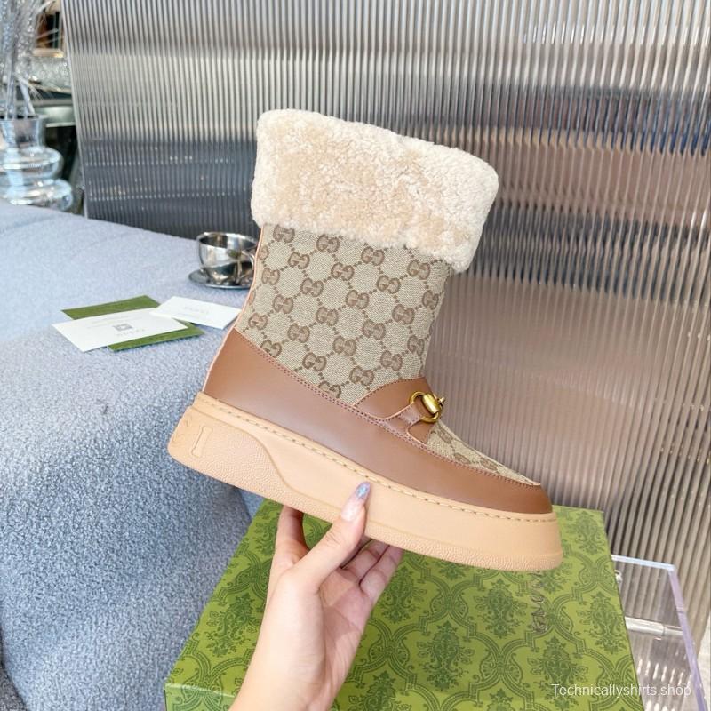 2024 Women Gucci beige brown leather shearling snow boots MJ00420