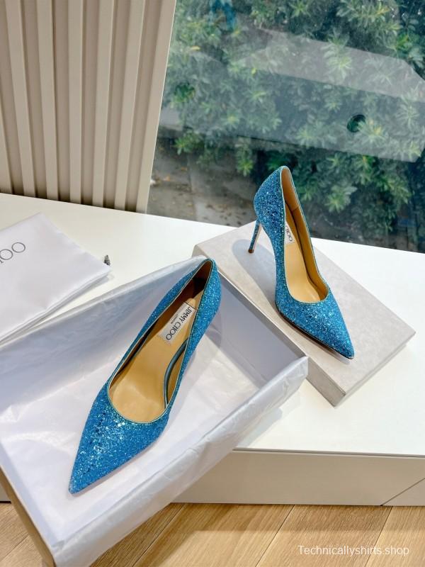 2025 Women Jimmy Choo Blue Glitter Leather Pumps