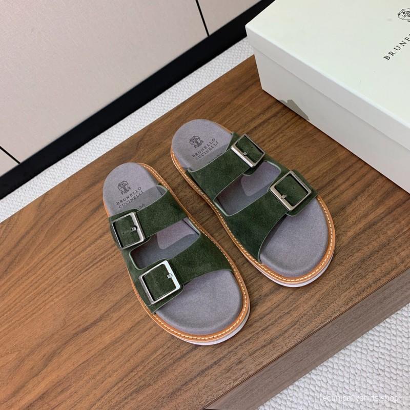 2025 Unisex Brunello Cucinelli Green Suede Leather Slippers KFY00250
