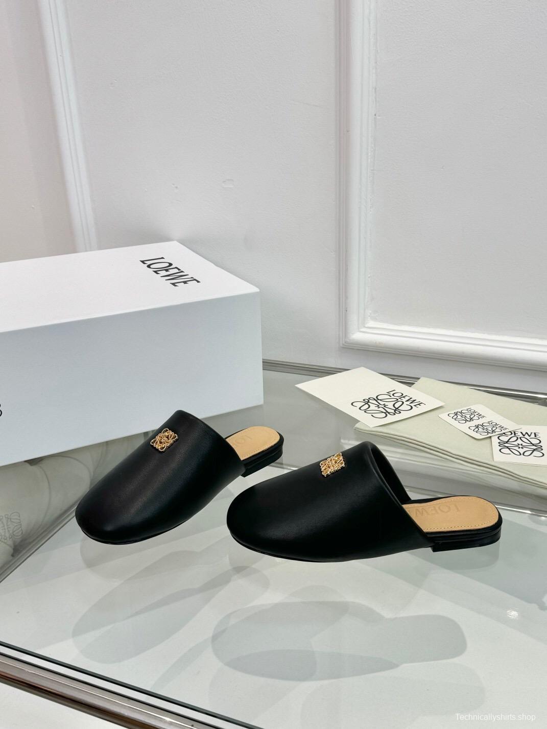 2025 Women Loewe Black Leather Slippers LY00270